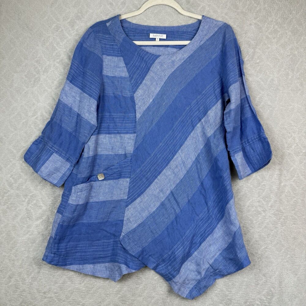 Habitat Tunic Top Womens M Linen Blue Striped Asymmetrical Lagenlook Artsy Boho
